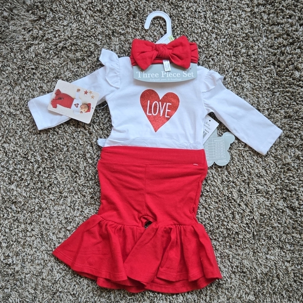 *3/$20 Flared Pant Headband Love Heart Red White NWT 3 Piece Baby 3m